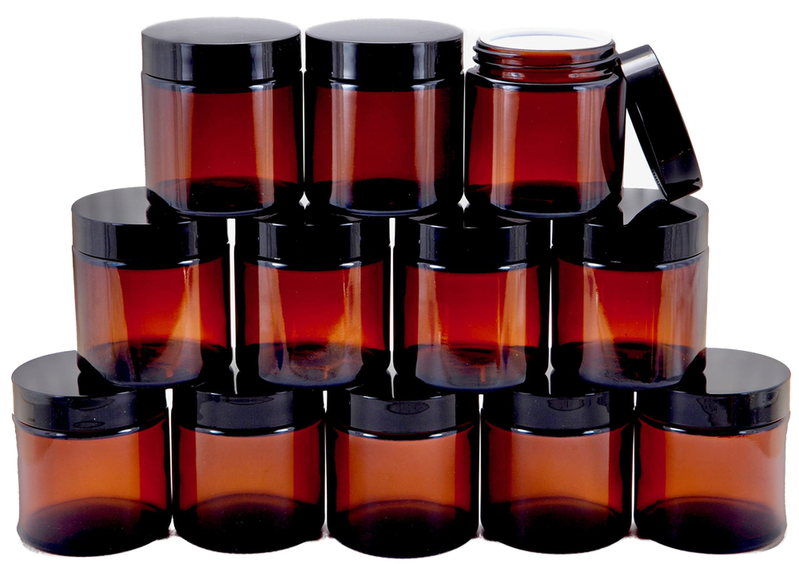Vivaplex, 12, Amber, 4 oz, Round Glass Jars, with Inner Liners and black Lids
