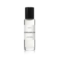 A clear glass perfume bottle with a black cap and a white label that reads "bergamusk" and "plant-based eau de parfum.