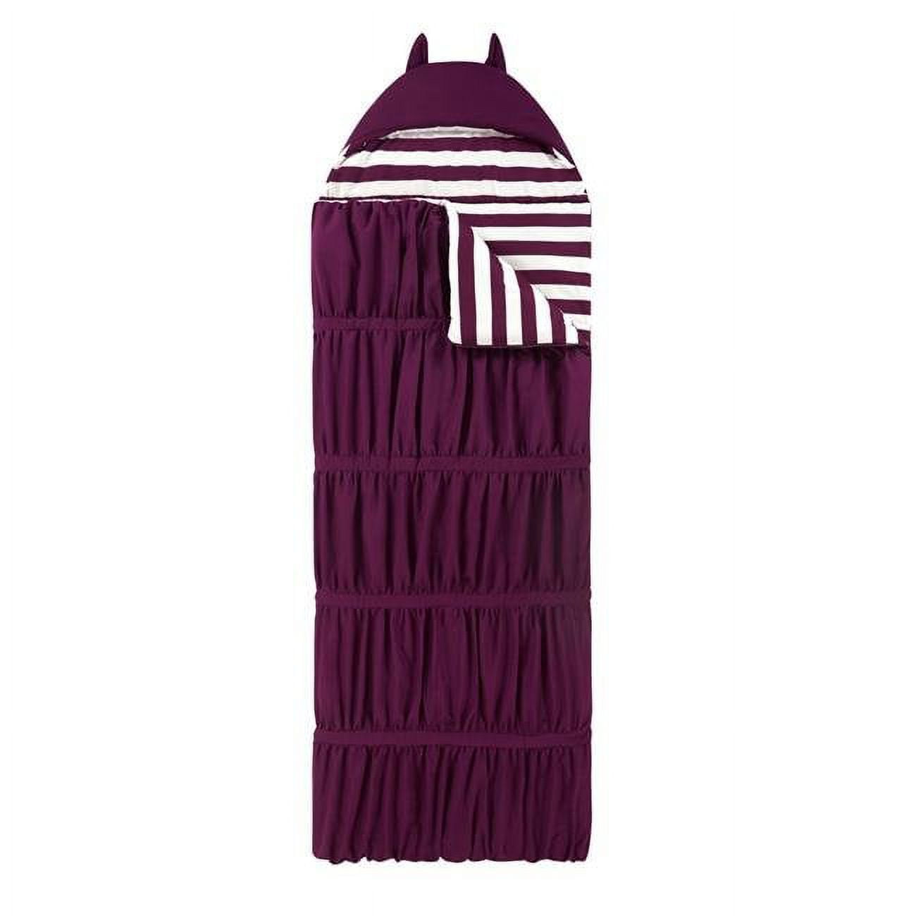 Reina Sleeping Bag with Cat Ear Hood Ruched Ruffled Design with Striped Interior for Kids, Teens & Young Adults Zipper Closure, 32 x 75 in. - Purple & White