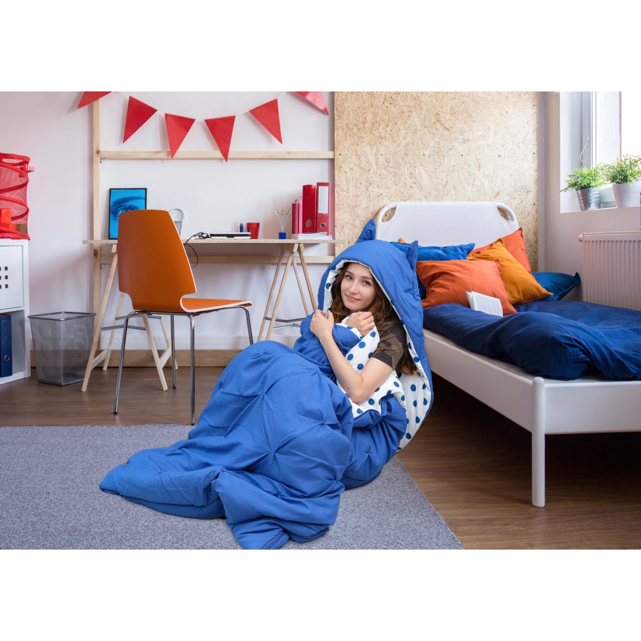 Sleeping Bag with Cat Ear Hood Pinch Pleat Design with Polka Dot Interior for Kids, Teens & Young Adults Zipper Closure
