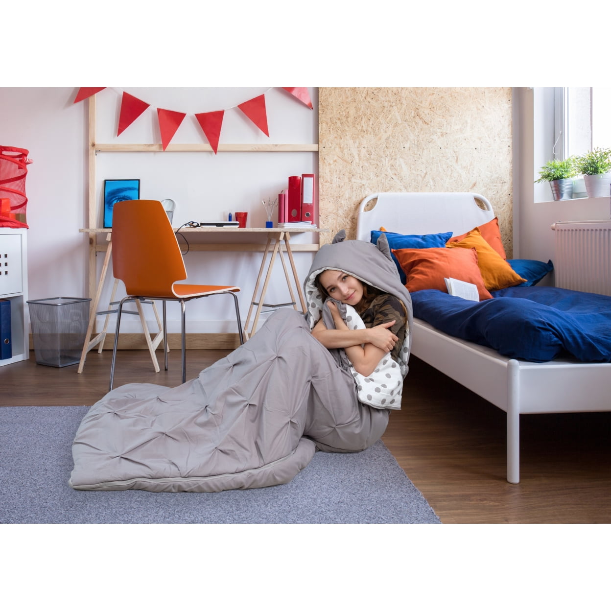 Sleeping Bag with Cat Ear Hood Pinch Pleat Design with Polka Dot Interior for Kids, Teens & Young Adults Zipper Closure