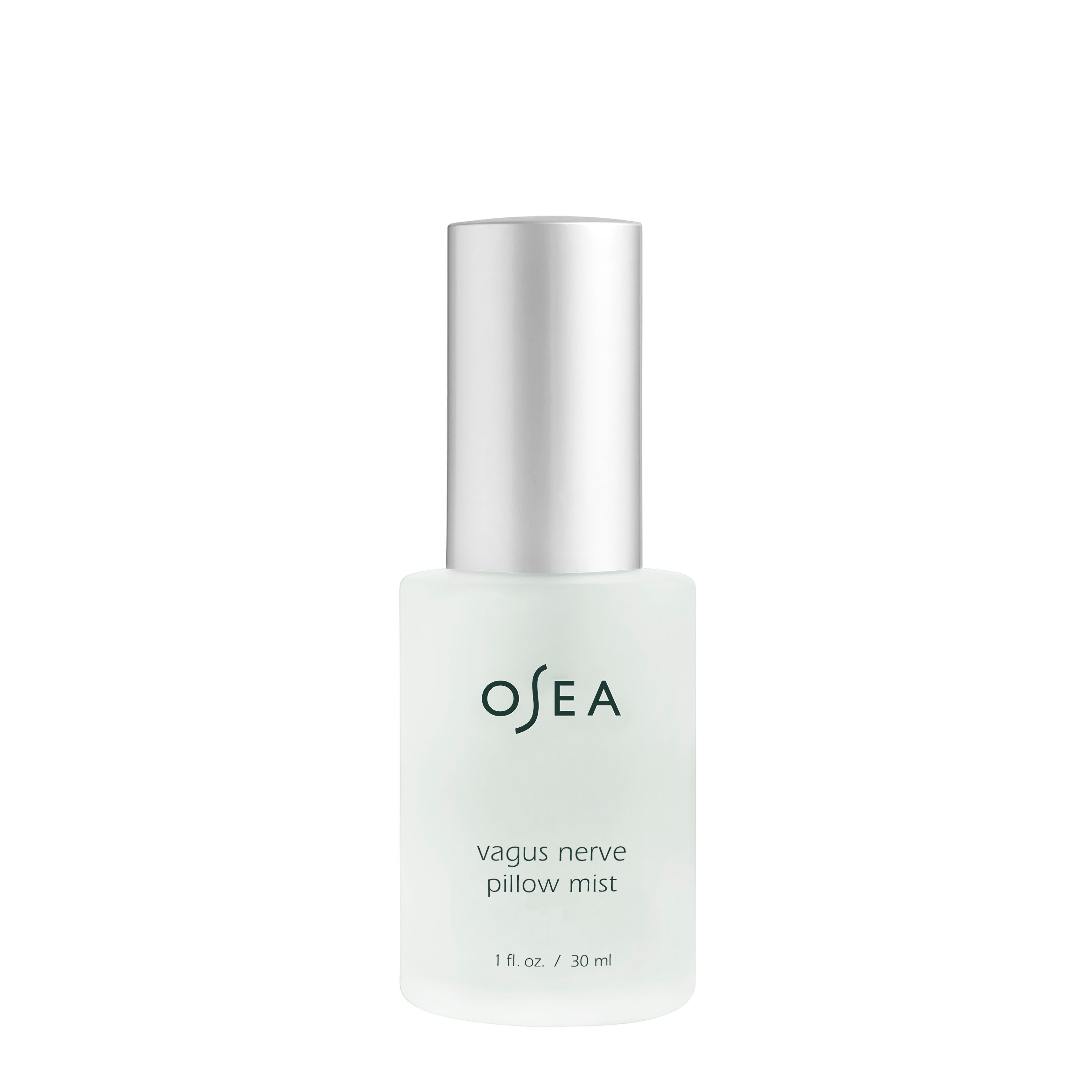 Opaque glass bottle of osea vagus nerve pillow mist with a silver cap, isolated on a white background.