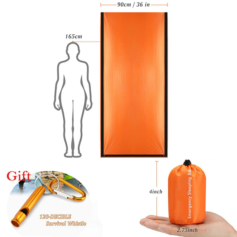 Mylar Standby Sleeping Illustration of  Sleeping Bag, Carry Bag, Whistle, Carabiner Orange