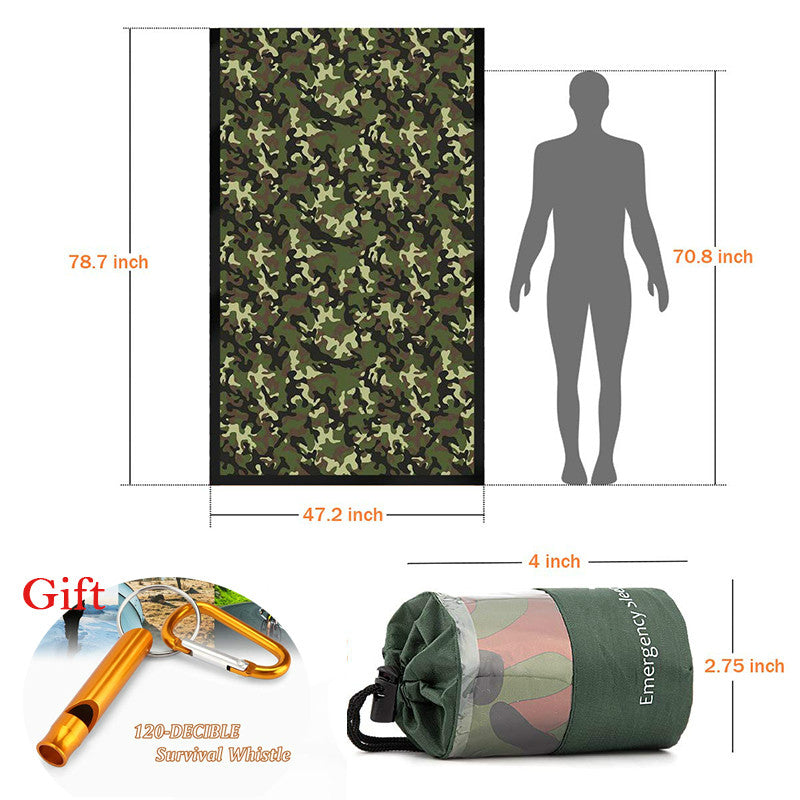 Mylar Standby Sleeping Illustration of  Sleeping Bag, Carry Bag, Whistle, Carabiner Green Multi